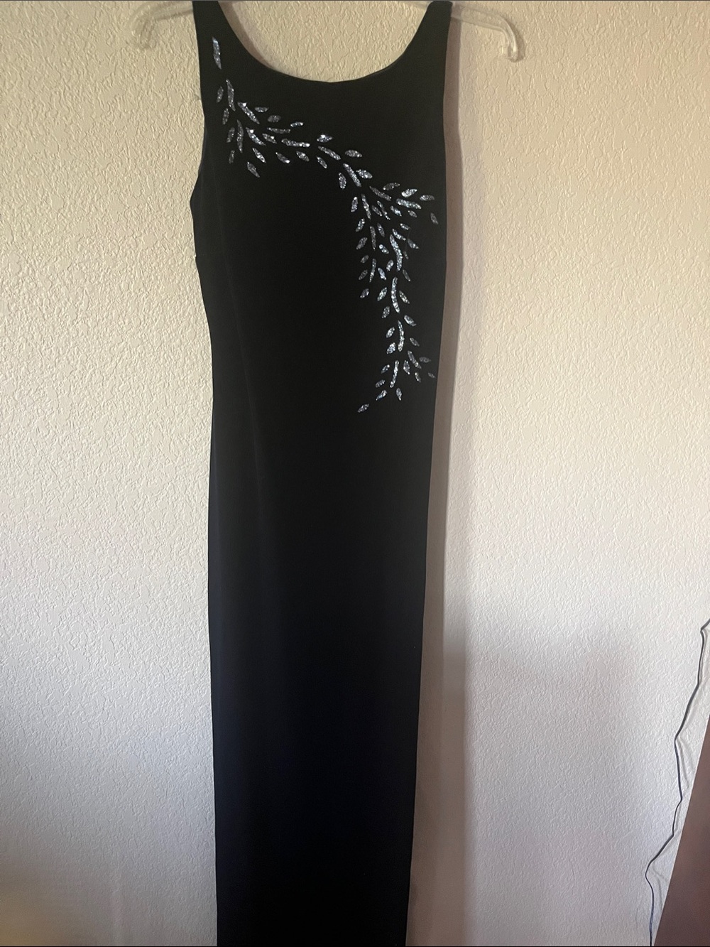 Rhapsody Navy Blue Evening Gown with Silver Leaf Embellishment